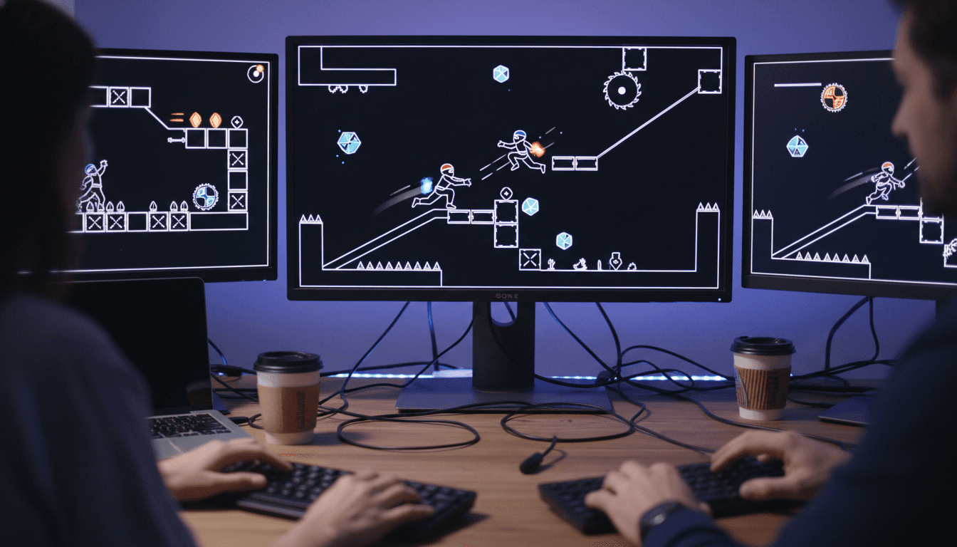 A stylized screenshot from N Plus Infinity Times Two, featuring multiple ninja figures navigating complex, minimalist platforming environments, showcasing the new multiplayer focus from Metanet Software unveils N Plus Infinity Times Two.