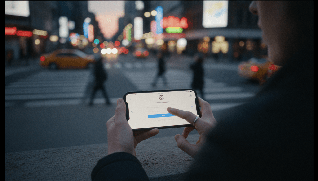 A smartphone screen displaying the Instagram login page, with a blurred background of a street scene, depicting the impact of the Meta AI support hack.