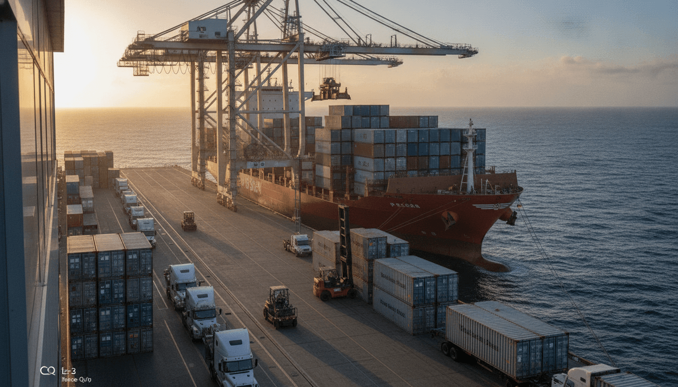 A wide shot of a cargo ship container terminal at the Port of Los Angeles, with a German container ship, Posen, docked and multiple shipping containers labeled 'Virtual Reality Devices' being offloaded by cranes, symbolizing the arrival of Valve VR headsets.