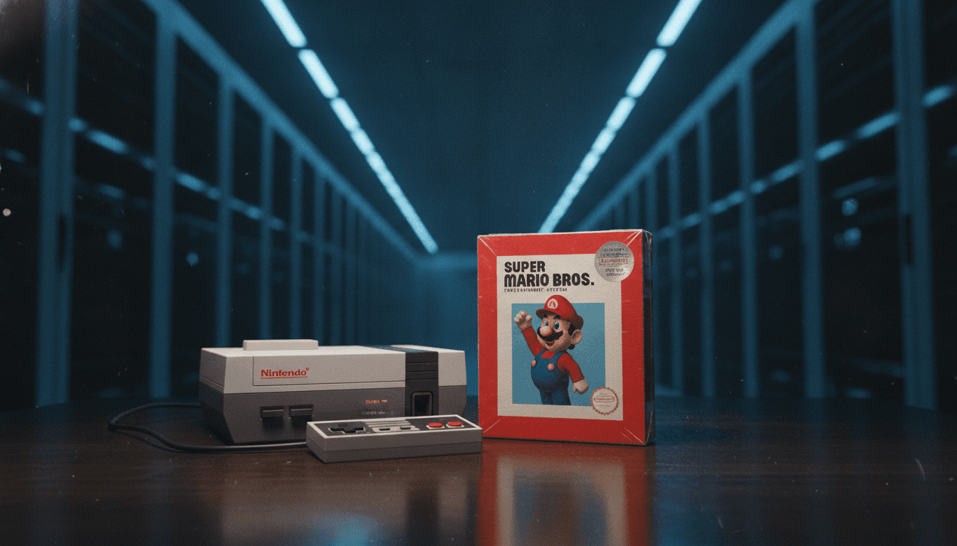 A pristine, still-sealed copy of the original Super Mario Bros. game for NES, encased in a clear protective display case, highlighting the glossy sticker seal.