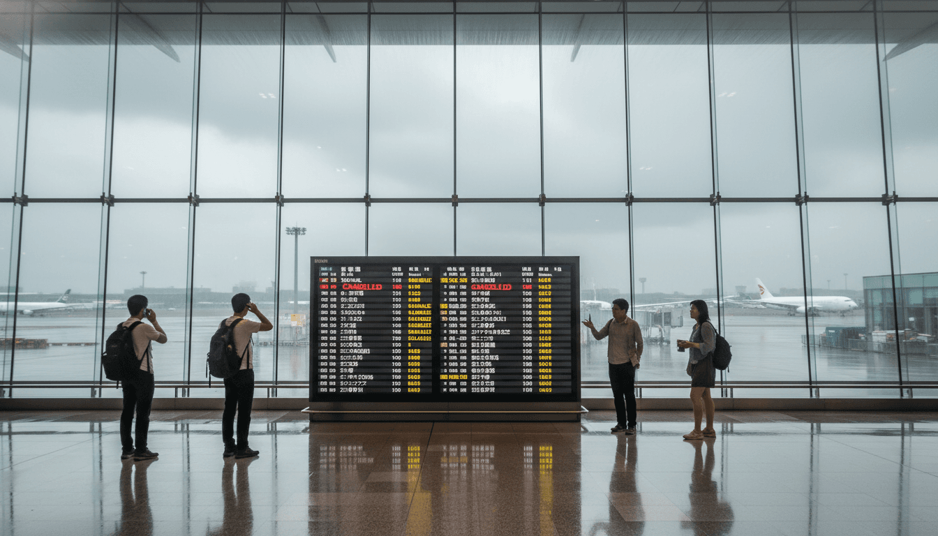 A wide shot of a bustling airport terminal in Japan or Taiwan, with a large digital departures board prominently displaying multiple 'Cancelled' statuses due to Japan and Taiwan travel disruptions caused by Typhoon Jangmi.