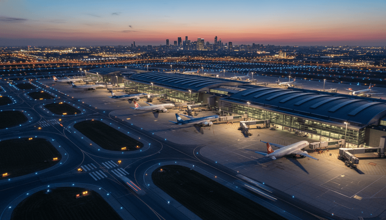 An aerial view of a bustling international airport at sunset, showcasing multiple aircraft at gates and taxiing on runways, with the city skyline visible in the background, representing the impact of AI-Driven Airline Technology on global operations.