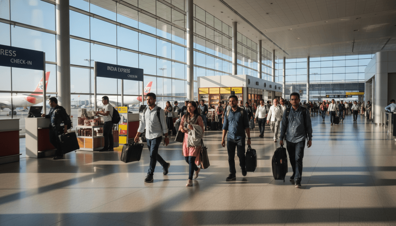A bustling international airport terminal with diverse travelers, depicting the ease of transit for Indian travelers contributing to explosive tourism growth.