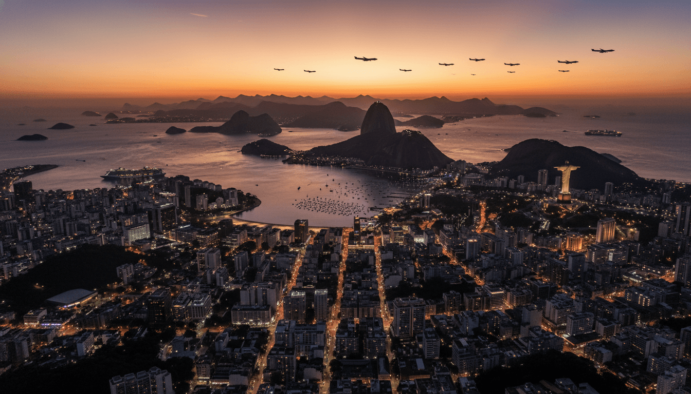 An aerial view of a bustling South American city, showcasing the impact of the South American visitor boom with increased tourism infrastructure and diverse cultural landmarks.