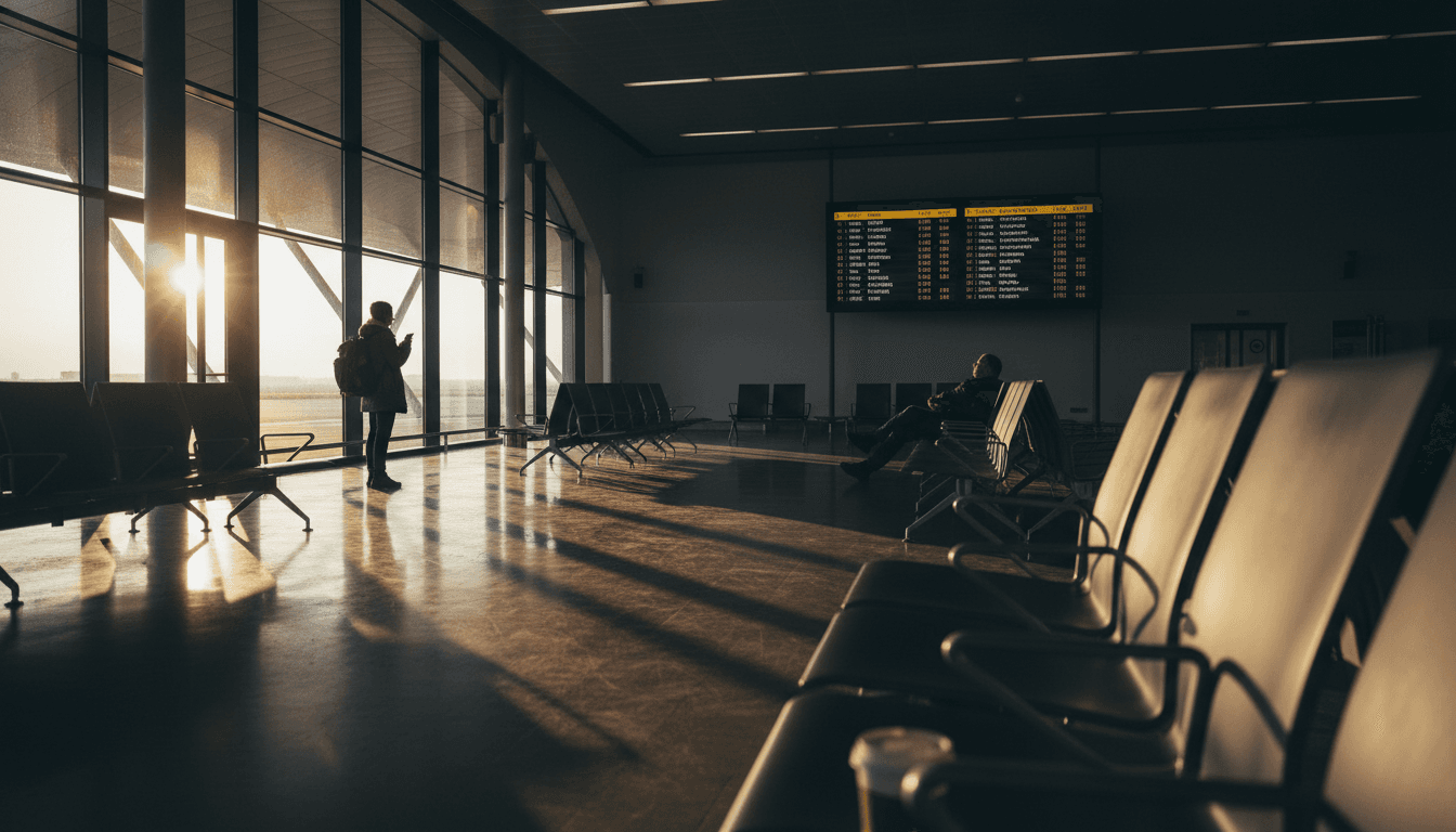 A traveler looking at a departure board displaying destinations for cheap Europe flights under $600.