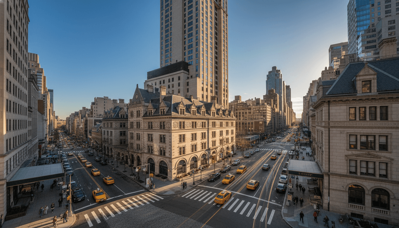 The iconic Lotte New York Palace Hotel at 455 Madison Avenue, a key asset in the new strategic Americas-Asia partnership, captured from a street-level perspective.