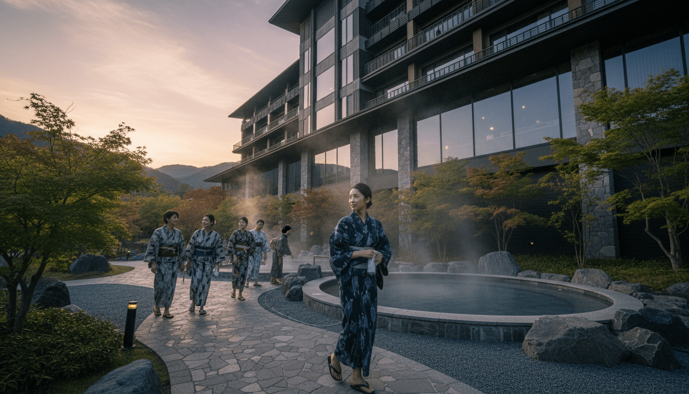 An exterior view of a modern luxury hotel, the LXR Hot Spring Resort in Japan, nestled into a mountainous, forested landscape with steam rising from natural hot spring pools.