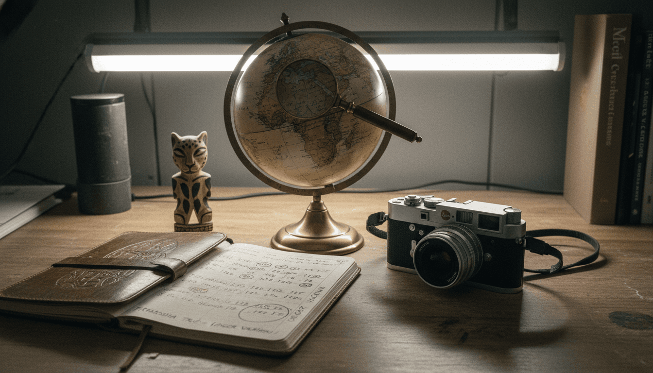 A travel globe showing cooler destinations, a calendar marked for longer vacations, and a vintage camera symbolizing unique experiences.