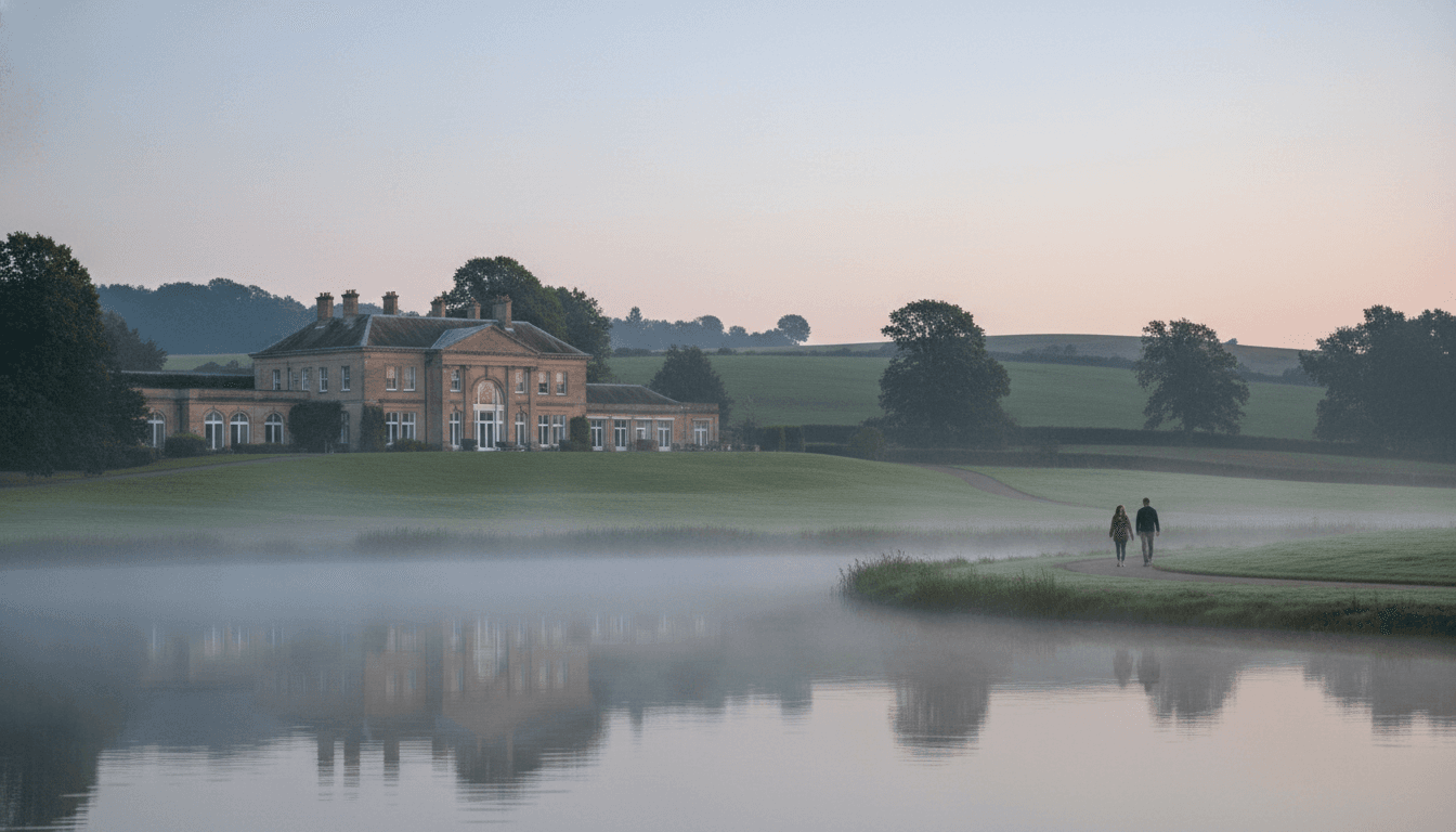 An atmospheric, distant shot of the newly transformed Fairmont Cheshire, The Mere, at dawn, highlighting Cheshire luxury tourism.