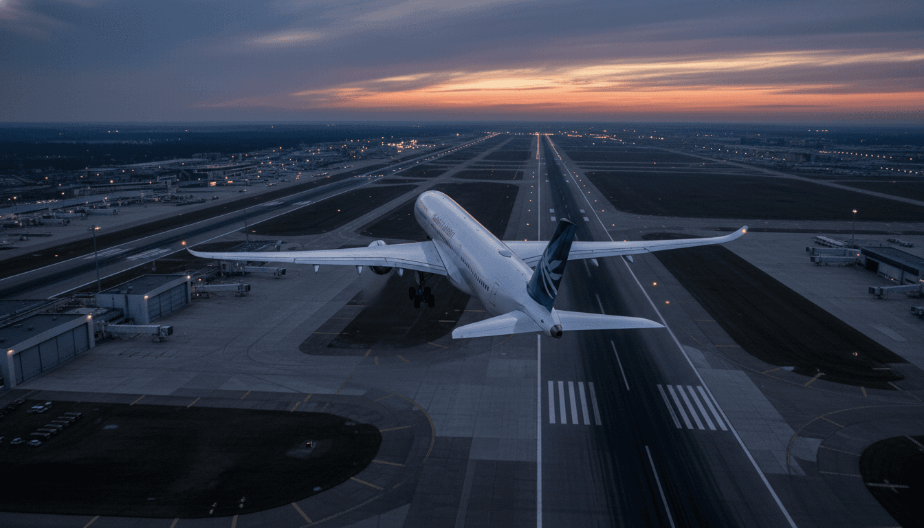 A modern long-haul passenger jet takes off at dusk, symbolizing the expansion of new international long-haul flight routes.