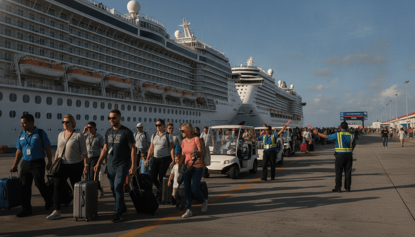 A bustling cruise ship docked at a Florida port, with calm waters reflecting the clear sky, symbolizing unaffected travel operations after the Cuba earthquake.
