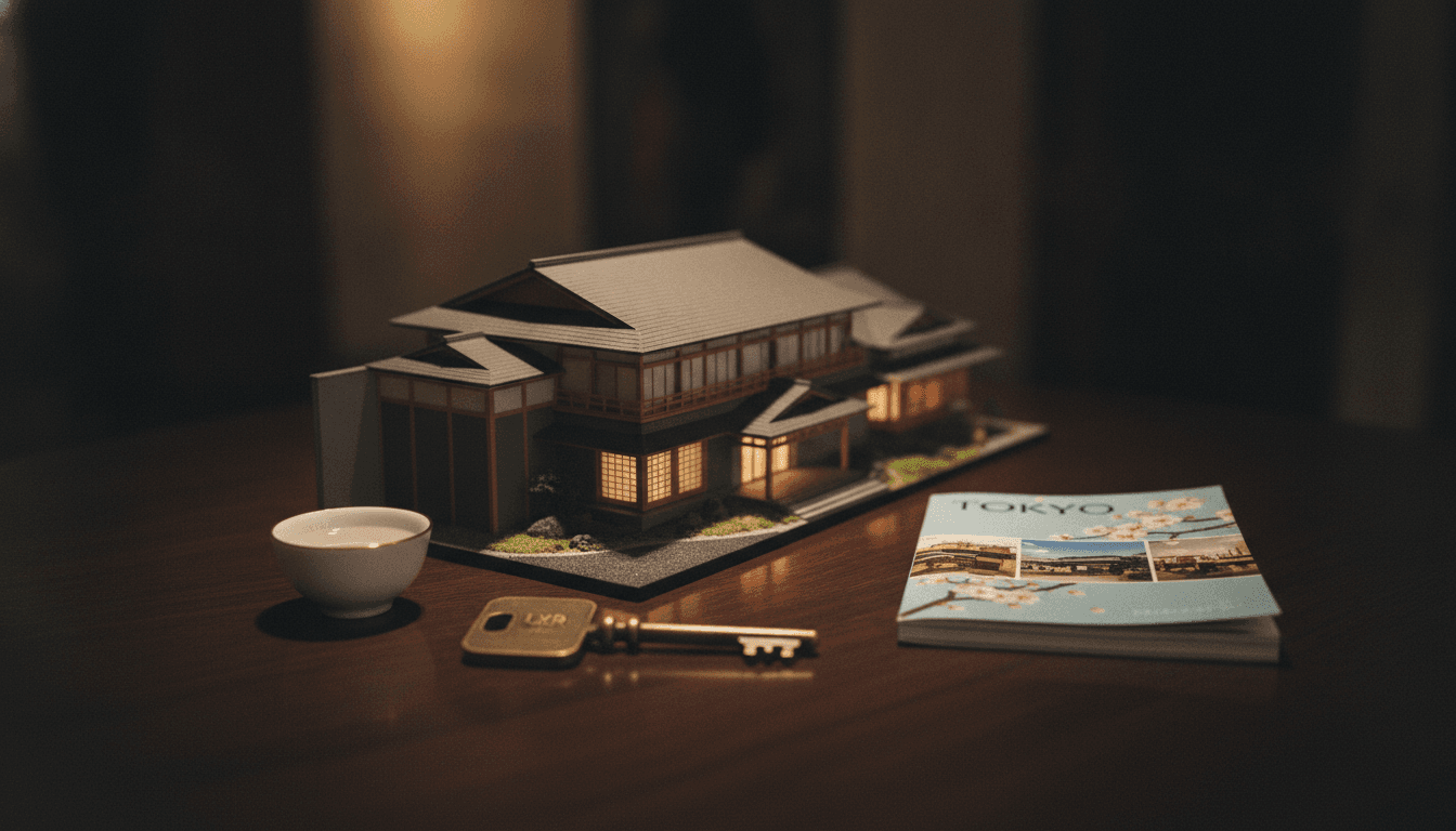 A meticulously arranged still life featuring a stylized miniature model of a luxury hotel, a traditional Japanese sake cup, a small, elegant travel guide to Tokyo, and a vintage-style room key with 'LXR' subtly engraved, all resting on a polished dark wood surface, symbolizing the debut of a storied luxury address in Tokyo.