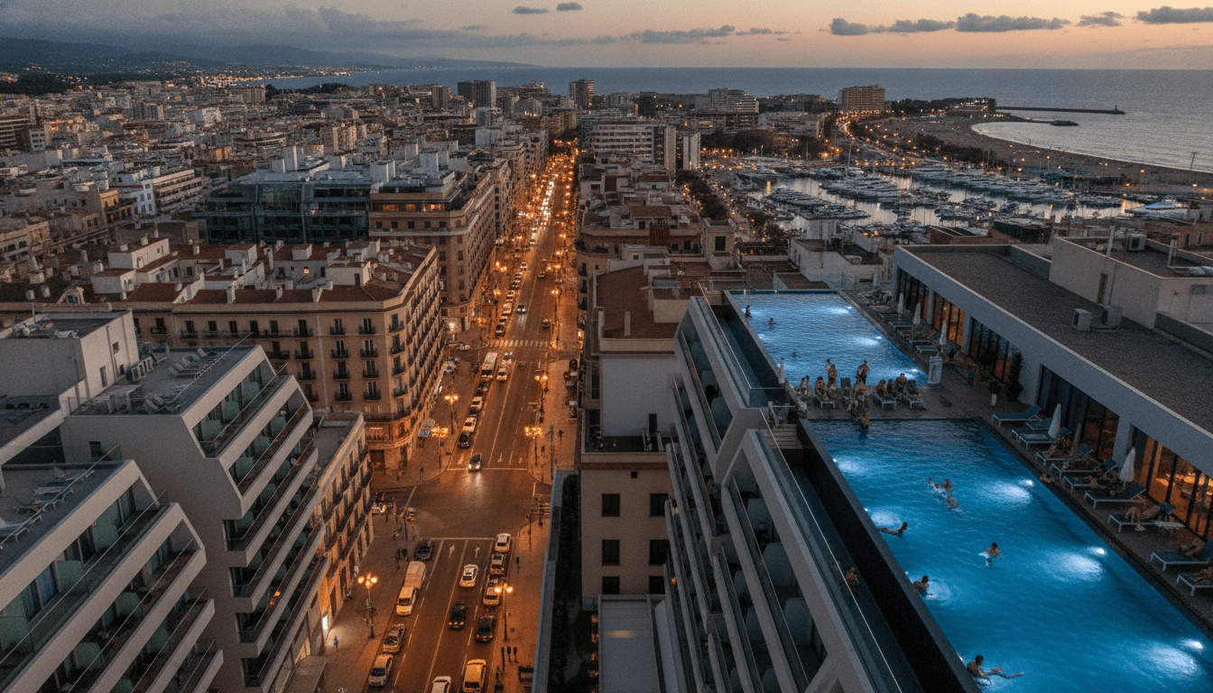 Aerial view of a vibrant Spanish city, highlighting new luxury hotel developments, demonstrating Spain top hotel investment destination status.