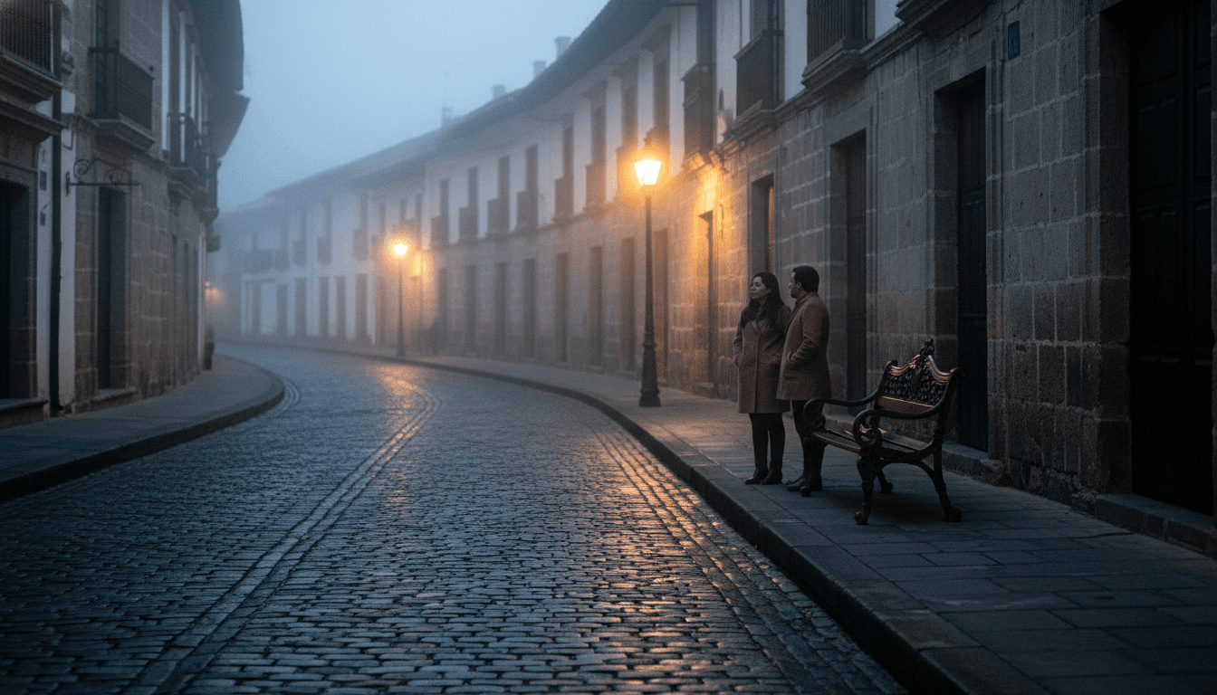 A dimly lit street in Bogotá at dawn, reflecting the uncertain mood of Colombia's election