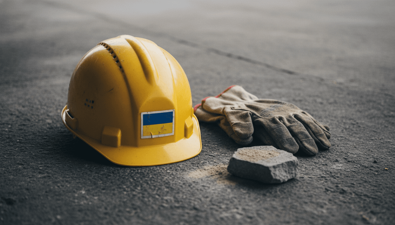 A close-up of a hard hat and gloves belonging to Ukraine rescuers pull dead from rubble, amidst a backdrop of blurred debris.
