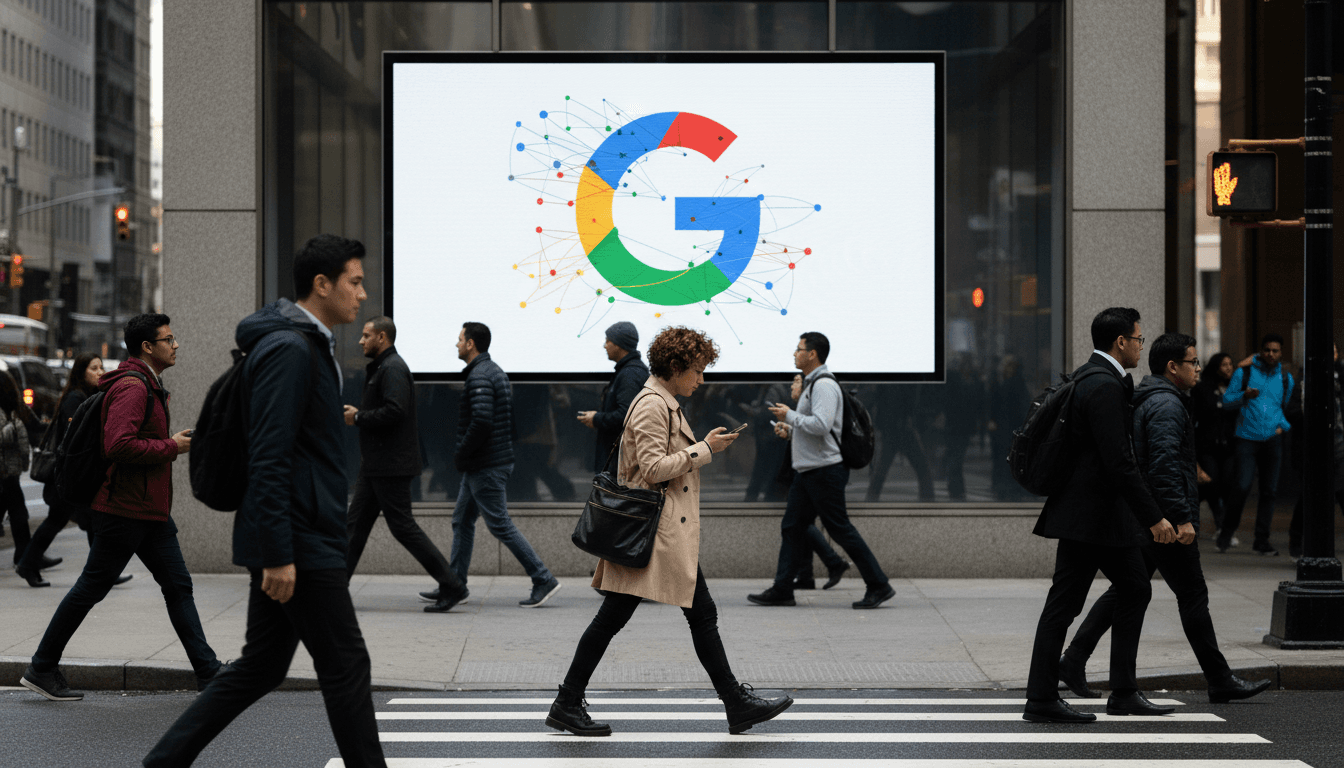 A bustling street scene in London with a large digital billboard in the background displaying a stylized 'G' for Google, symbolizing the Google AI shift in search.