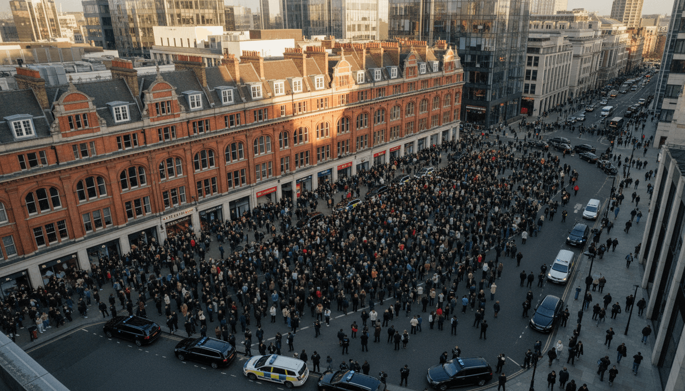 An aerial view of a street protest where the UK government condemns protest violence, showing crowds of people and police presence.