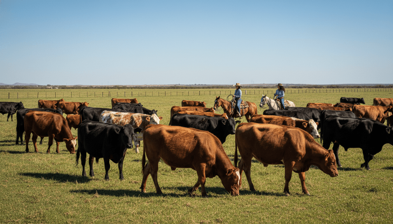 A herd of cattle grazing in a vast, sunny Texas pasture, with a subtle hint of a screwworm parasite threatens US cattle in the background.