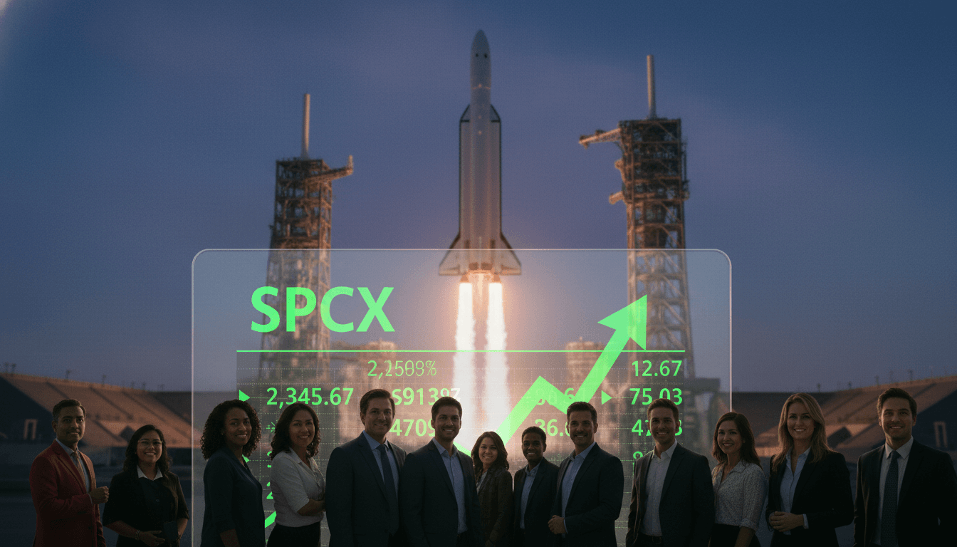 A sleek, powerful SpaceX Starship rocket launching from a launchpad, with a crowd of diverse, excited retail investors watching on a large digital screen in the foreground, anticipating the SpaceX IPO for retail investors.