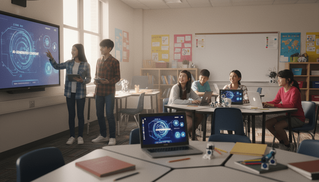 A diverse group of K-12 students collaborating on a project using AI in education tools on tablets and interactive whiteboards in a modern, brightly lit classroom.