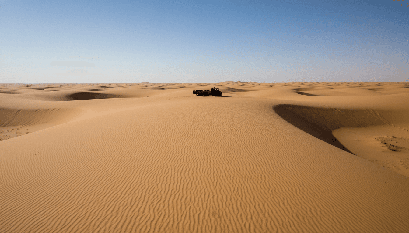 A desolate, arid landscape of the Sahara Desert under a harsh sun, with a broken-down, abandoned truck visible in the distance, emphasizing Niger desert deaths.