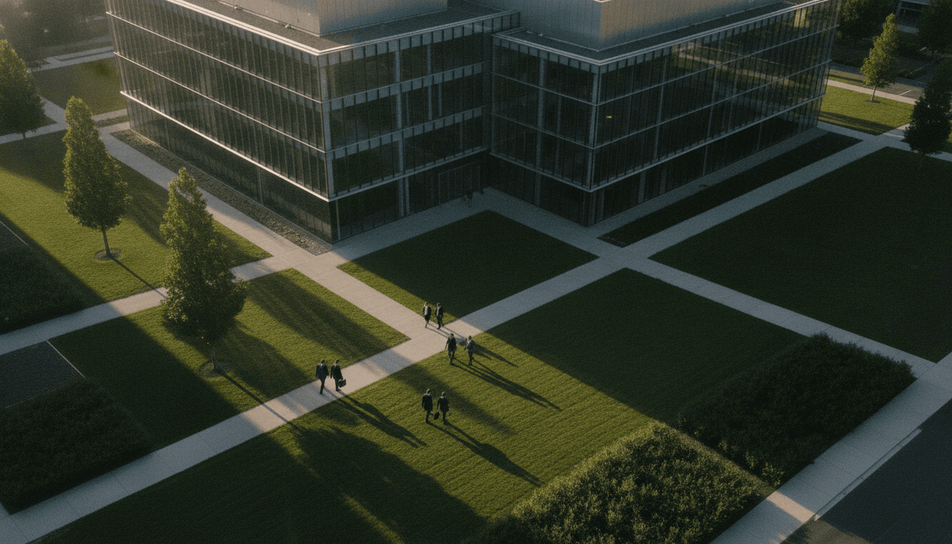 An aerial view of a modern courthouse building with a stylized AI facial recognition error lawsuit icon overlaid, symbolizing the legal challenge.