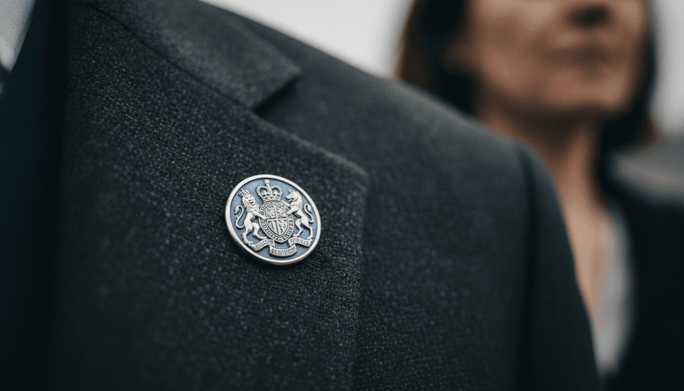Close-up of a UK Ministry of Defence lapel pin, symbolizing Britain's Defence Minister Healey resigns and the department's operations.
