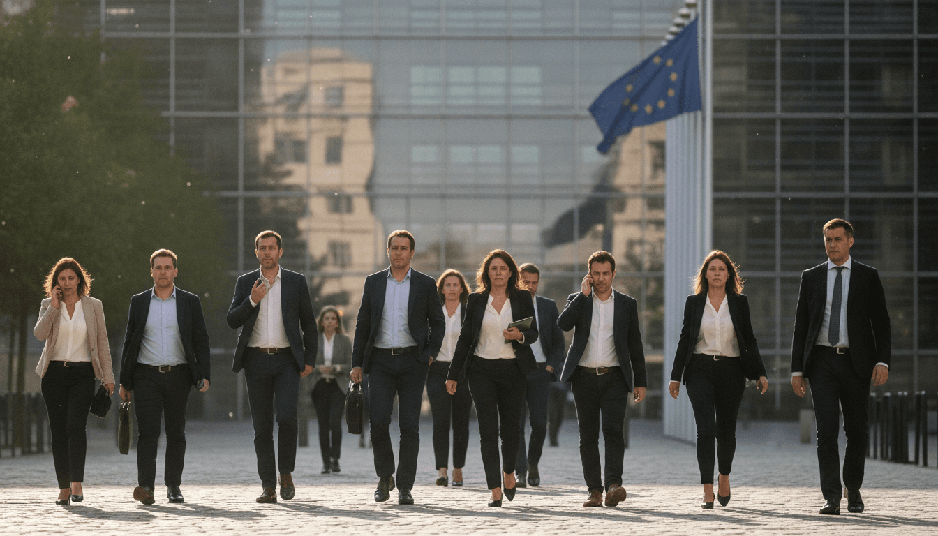 A bustling street scene in Brussels with the European Commission building in the background, symbolizing the EU Ukraine Moldova accession process.