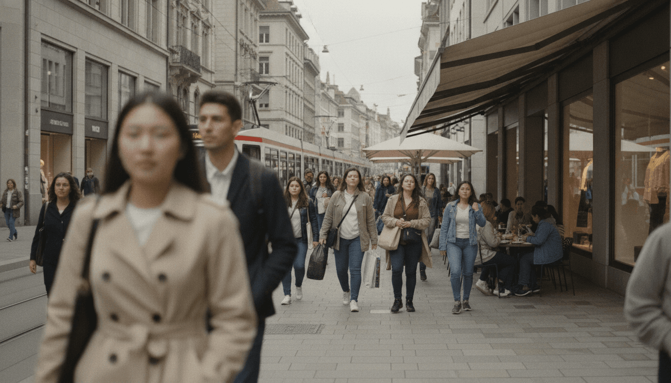 A bustling street scene in a Swiss city, with diverse people walking, illustrating the impact of the Switzerland population cap vote on urban life.