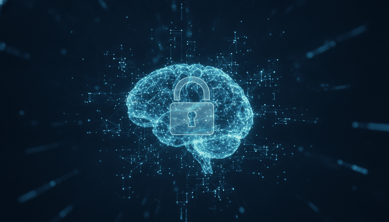 A stylized, glowing digital brain with circuits and data streams, representing Anthropic AI security concerns and the complex interplay of technology and government oversight.
