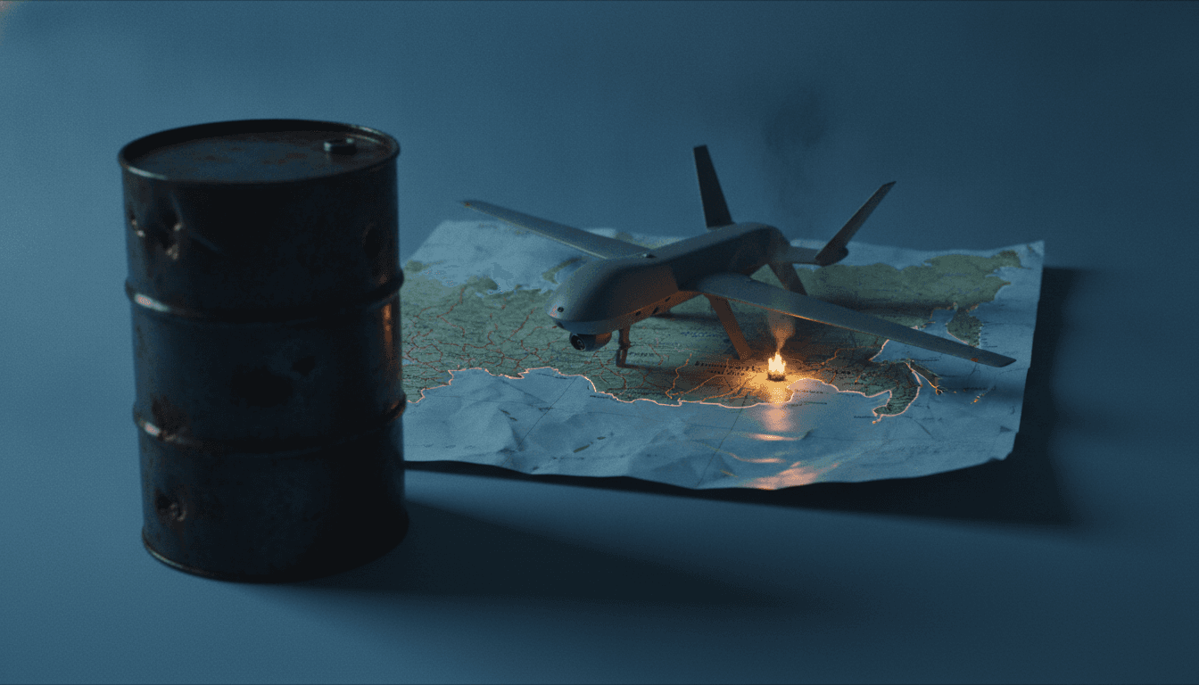 A still life composition of a damaged oil barrel, a military drone model, and a map highlighting the area of the Ukrainian drone strike.