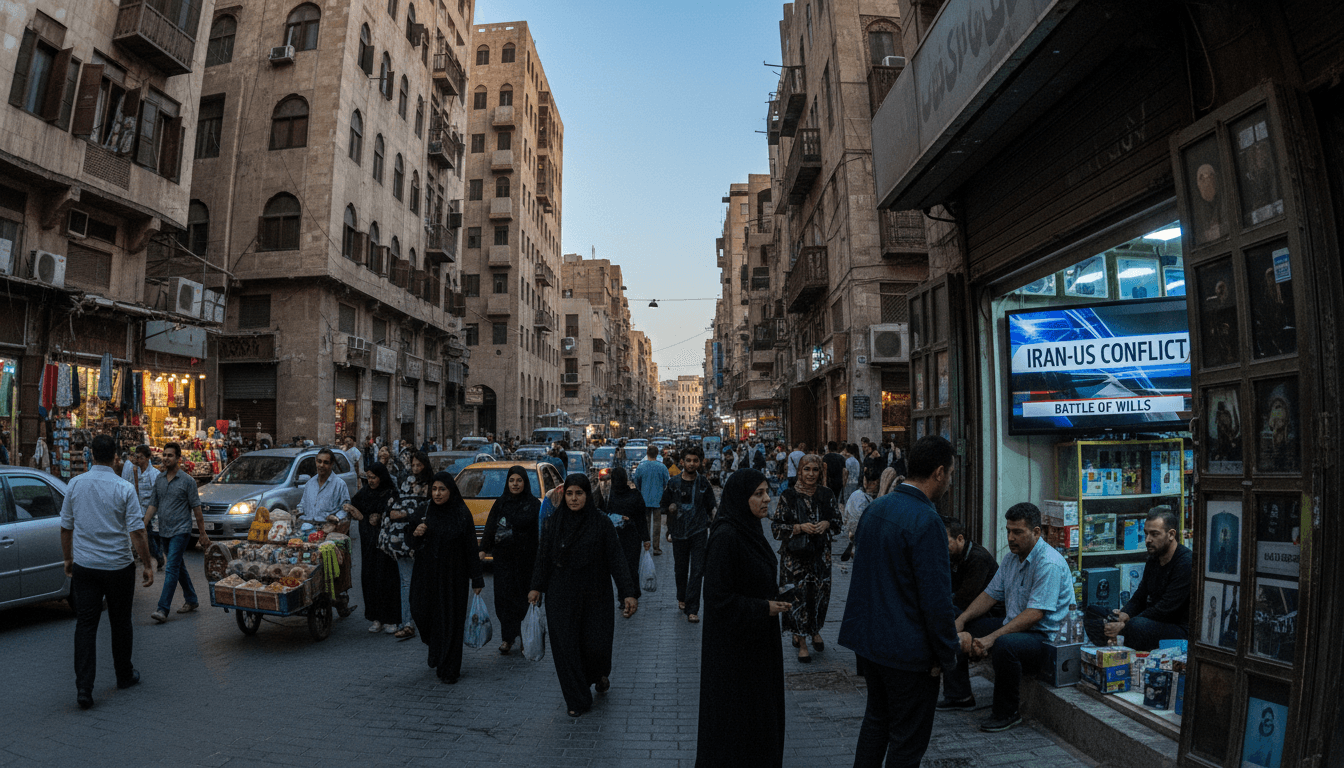 A street-level candid shot of a bustling marketplace, with a television screen in the background displaying a news report about the Iran-US conflict entering 'battle of wills' phase.