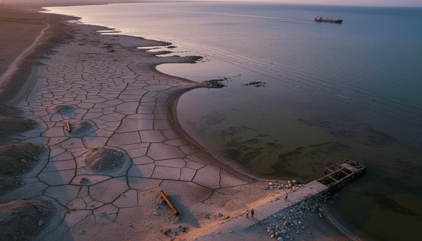 An aerial view of the Caspian Sea crisis showing receding shorelines and environmental degradation.