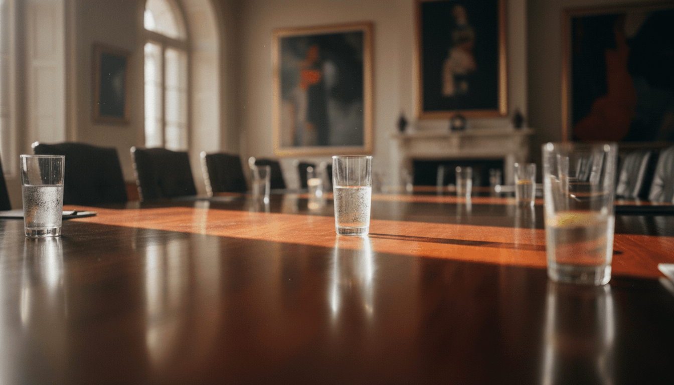 A dimly lit, empty conference room after a meeting, with chairs askew and a projector screen displaying a faded EU logo, subtly conveying the serious discussions of EU anti-trafficking coordinators.