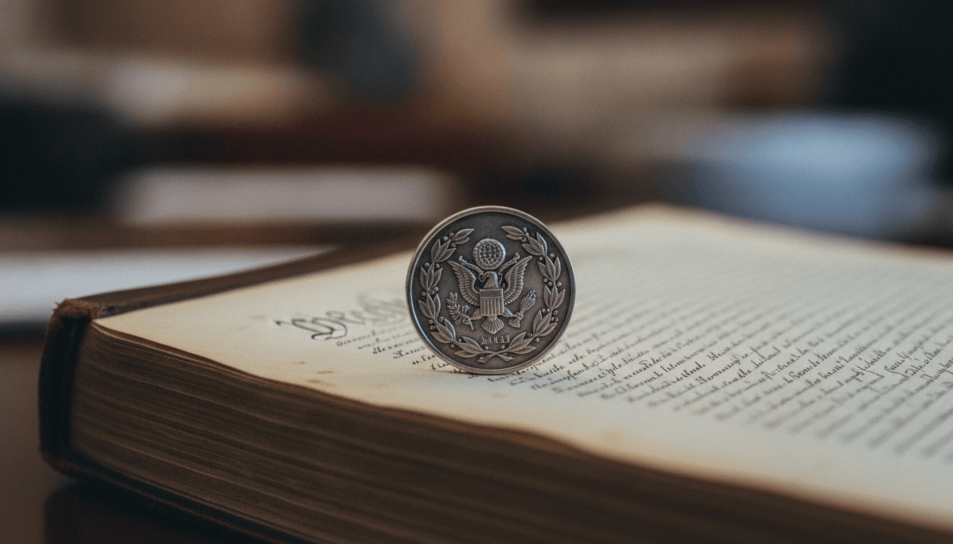 Close-up of a well-worn, leather-bound copy of the US Constitution, open to an article discussing congressional war powers, with a modern military challenge coin resting on the page.