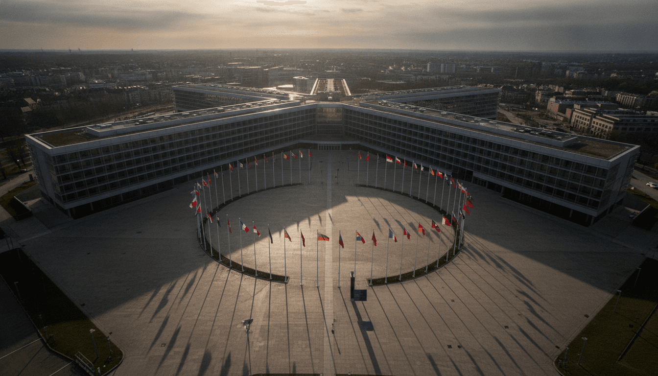 A wide shot of NATO headquarters in Brussels under a stormy sky, symbolizing the challenges NATO must survive Iran war.