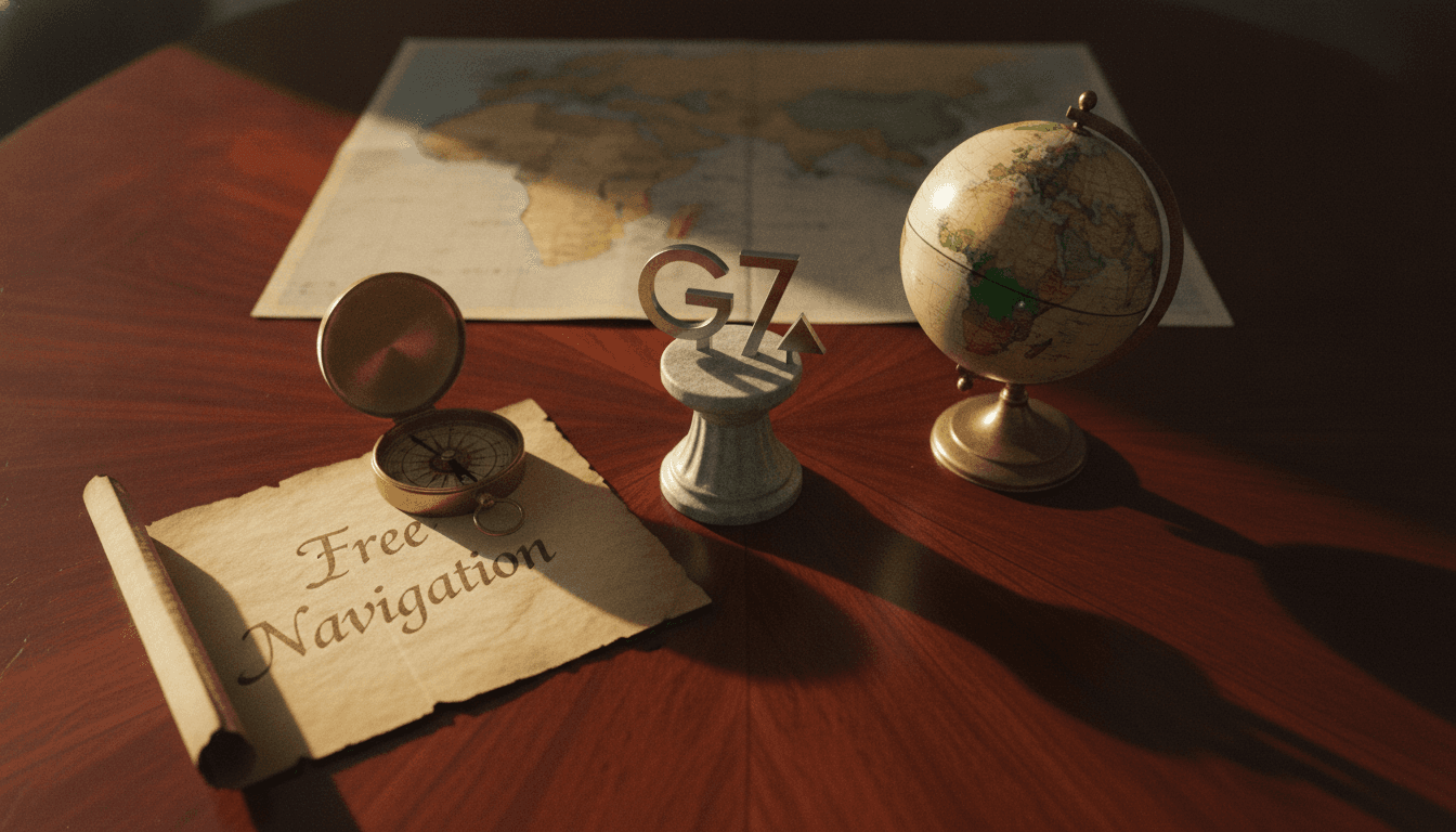 A meticulously arranged still life featuring a miniature G7 summit logo, a small globe with India highlighted, a compass pointing to 'free navigation,' and a stylized map of the West Asia region, symbolizing India top priority on the agenda.