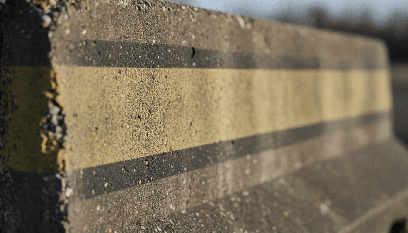 Close-up of a weathered, grey concrete barrier with a faded yellow and black warning stripe, symbolizing a defensive border against potential Russian military actions.