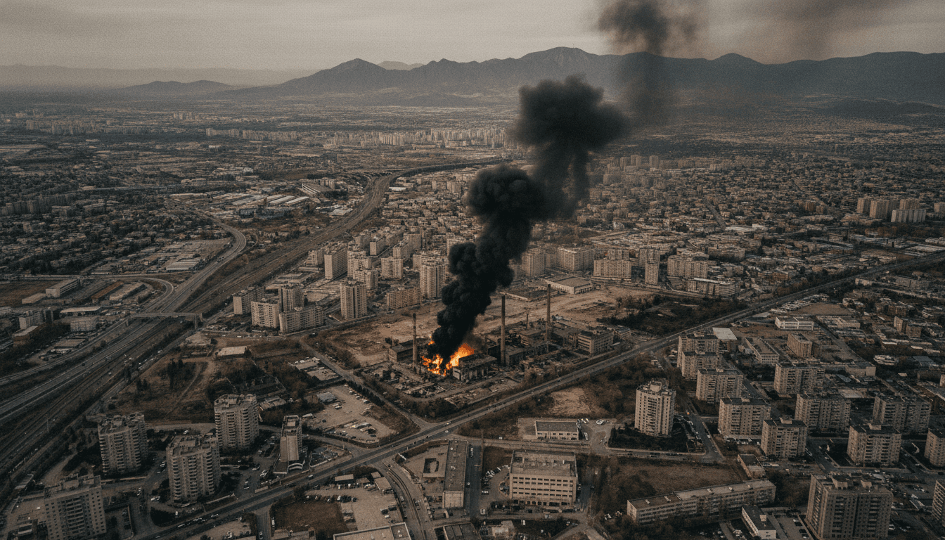 Aerial view showing the aftermath of attacks on Iran, with smoke rising from a targeted facility.