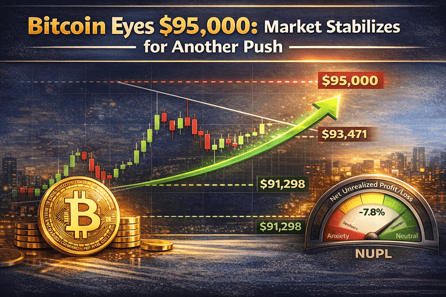 Infographic showing Bitcoin approaching $95,000 with a candlestick chart, key support and resistance levels ($91,298, $93,471, $95,000), a green upward arrow, Bitcoin coin graphic, and a NUPL gauge indicating slightly positive market sentiment (-7.8%)