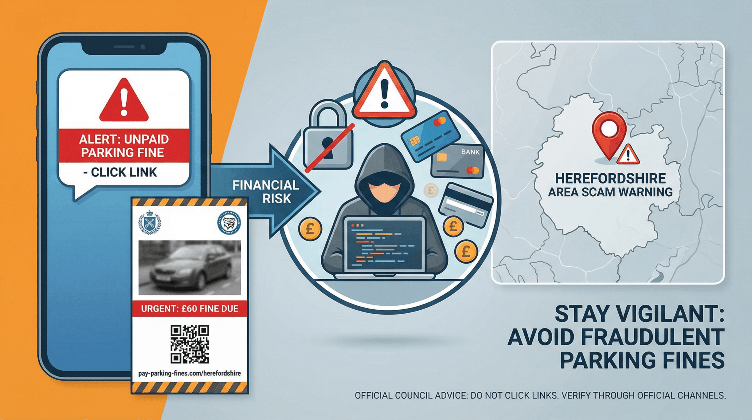Infographic showing a smartphone receiving fraudulent parking fine messages in Herefordshire. Includes warning icons, a fake parking fine notification, and visuals representing financial risk such as bank cards and money. Designed to alert drivers about scams and phishing attempts.