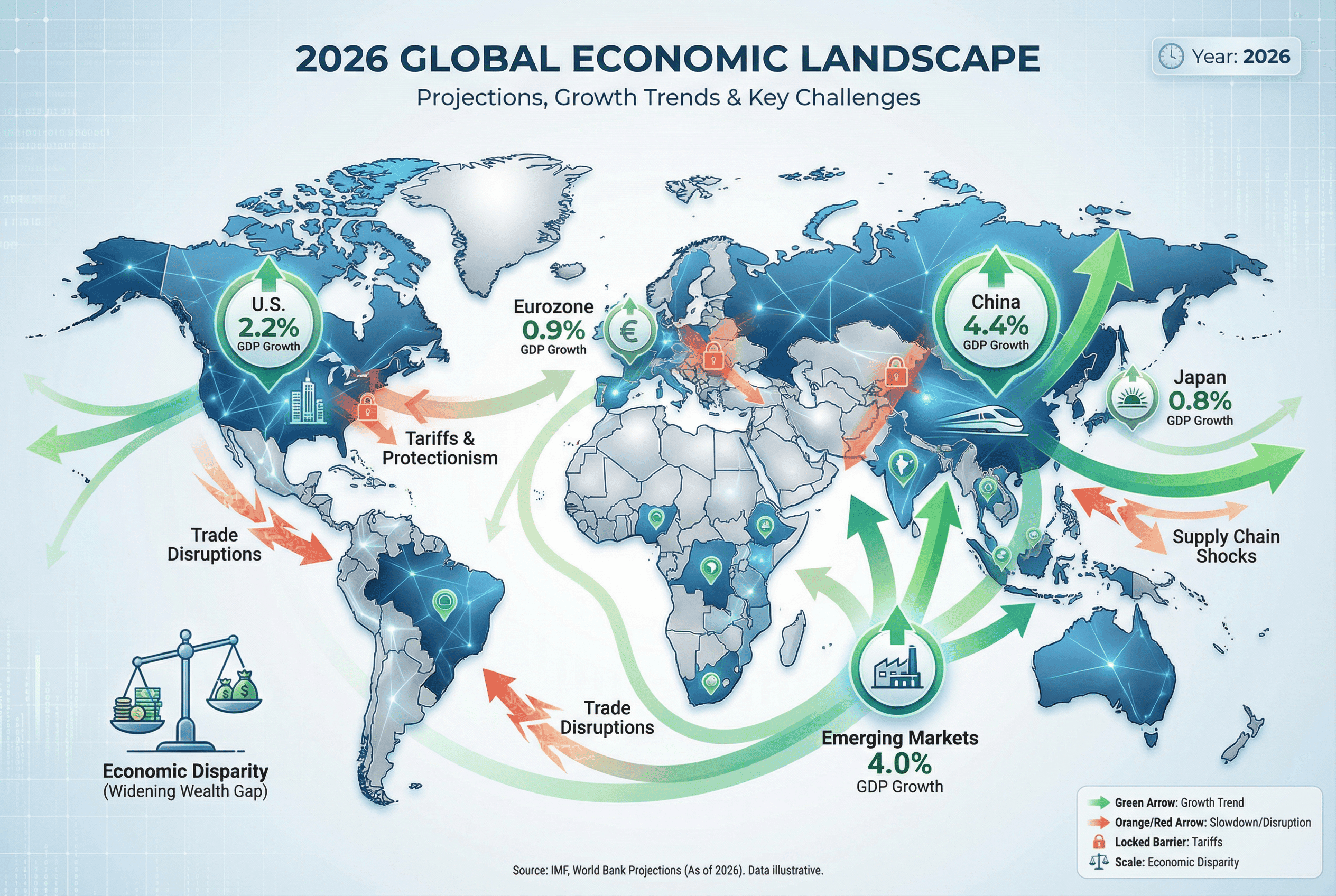 Infographic showing the global economy in 2026 with a world map highlighting GDP growth rates: U.S. 2.2%, China 4.4%, Eurozone 0.9%, Japan 0.8%, and emerging markets 4.0%. Arrows indicate growth trends (green for growth, red/orange for slowdown) and icons represent tariffs, trade disruptions, and economic disparities.