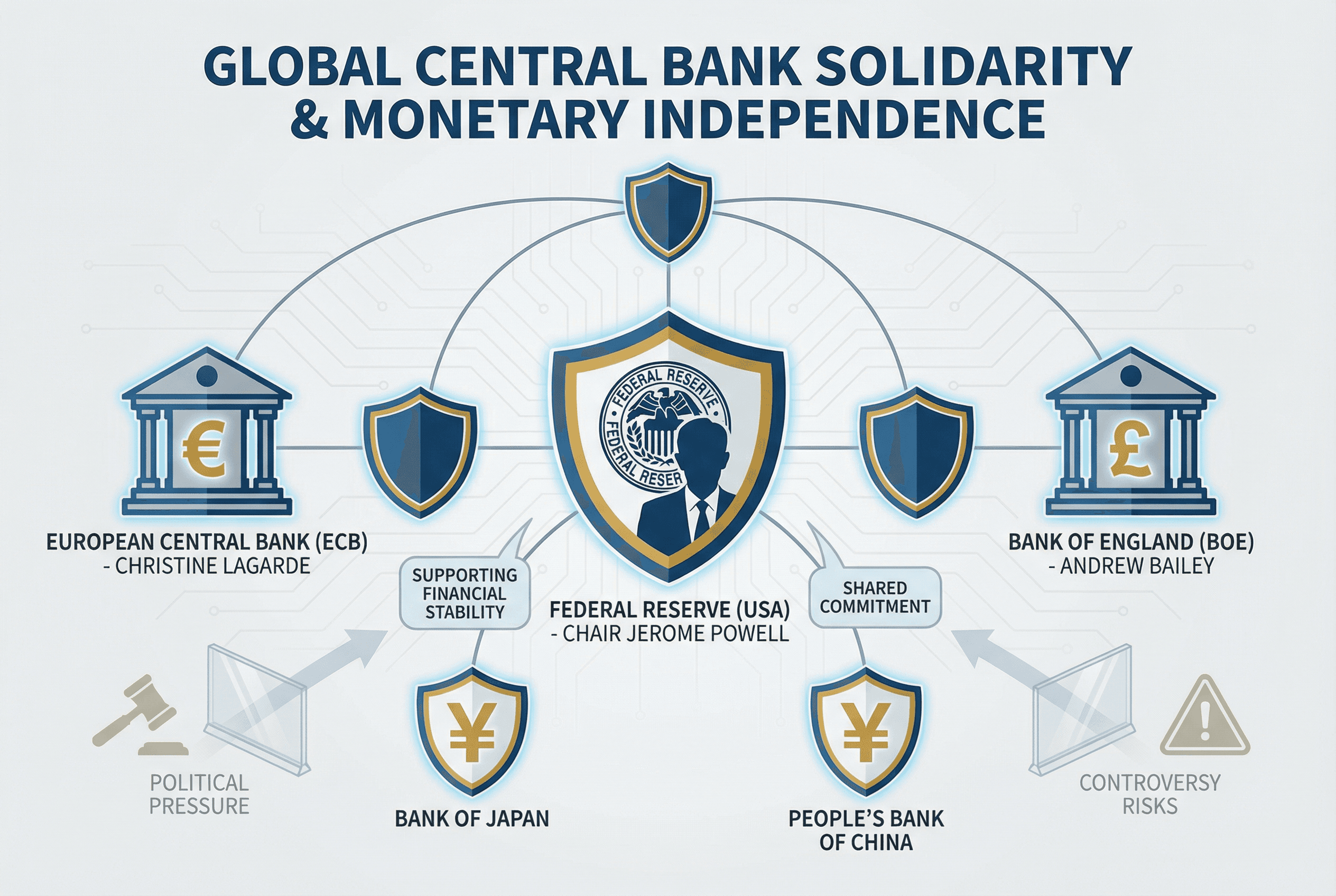 Infographic showing major global central banks, including the U.S. Federal Reserve, ECB, and Bank of England, supporting Jerome Powell. Visual elements include central bank buildings, currency symbols, protective shields for financial stability, and subtle political pressure symbols like a gavel.