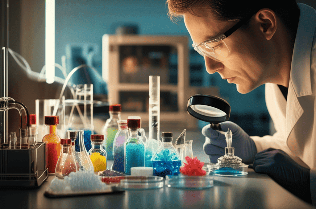 Close-up of various beakers and vials containing colorful powders and crystalline structures, representing the AI trade in raw materials.