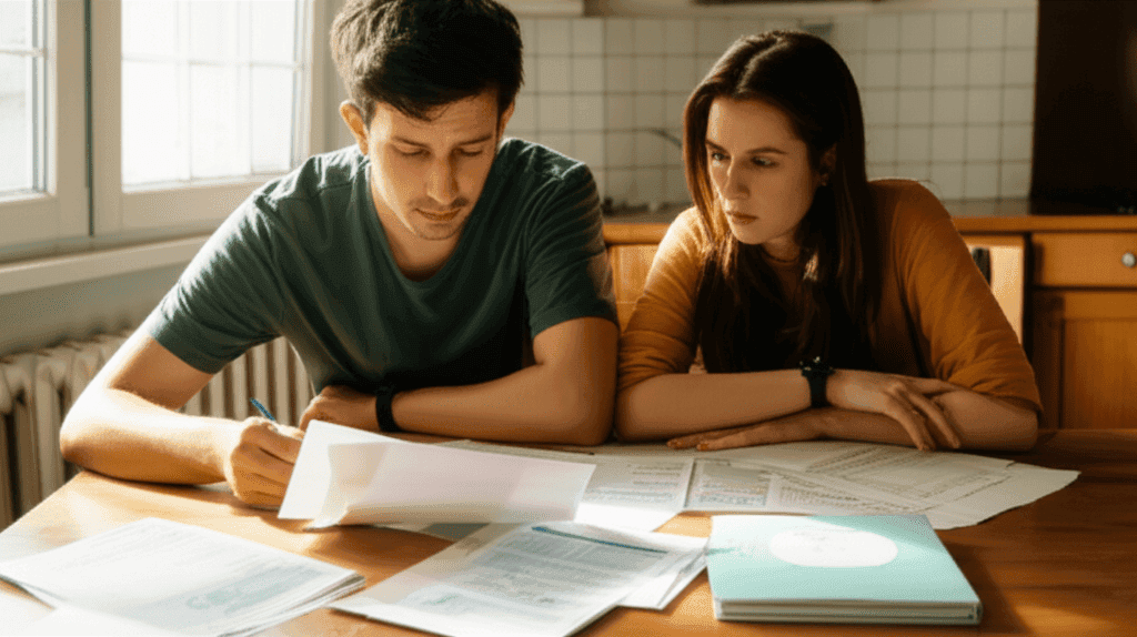 Couple discussing financial concerns related to income for marriage