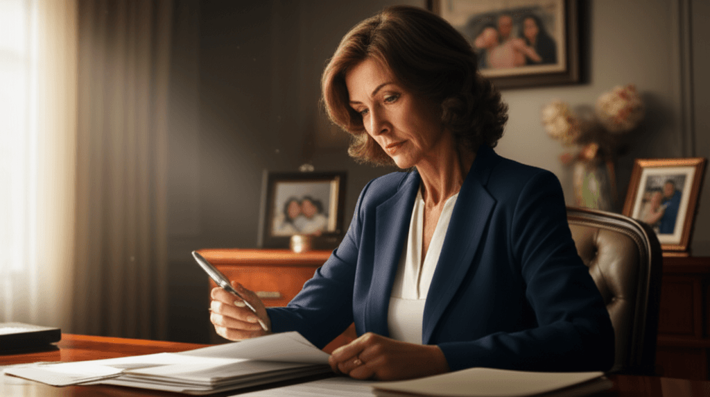 A woman contemplating estate planning fairness while reviewing legal documents.