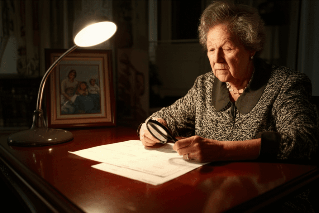 Concerned family member reviewing bank statements questioning family financial trust.