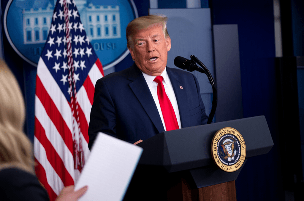 Donald Trump discussing new retirement plans at a press conference.
