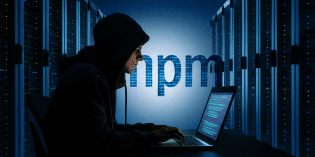 Warning sign depicting a cracked NPM package logo surrounded by digital code, representing the NPM package threat.