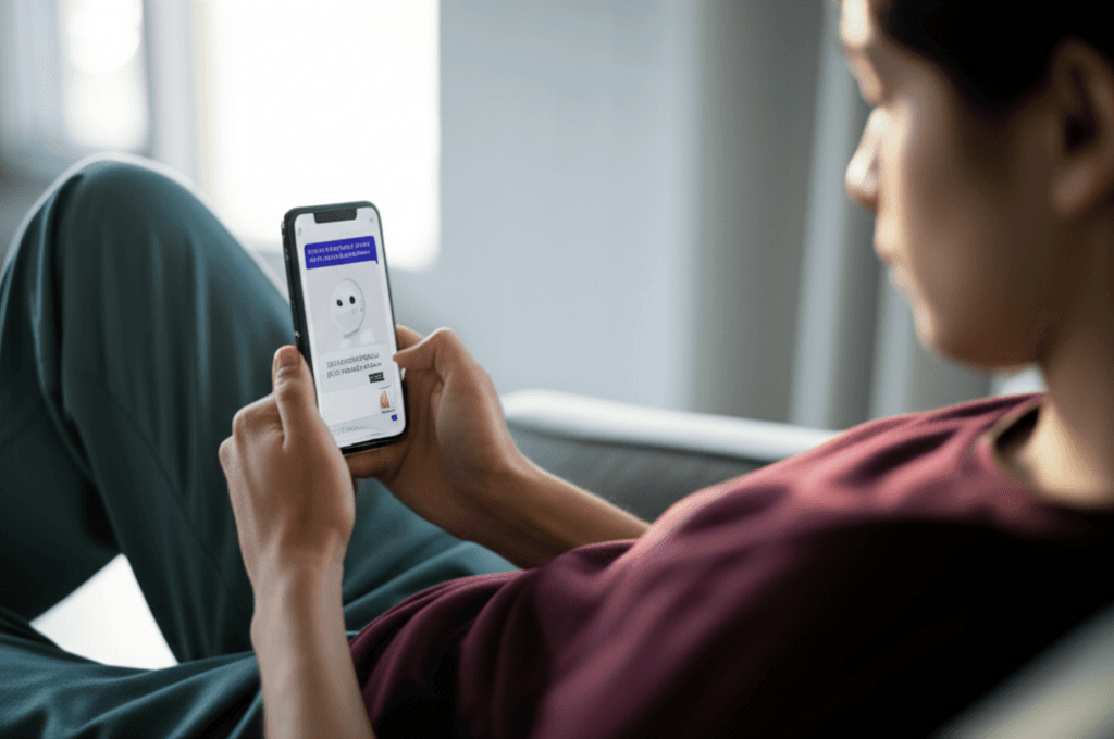 A person using an AI therapy app on their phone, showing a supportive chatbot interface.